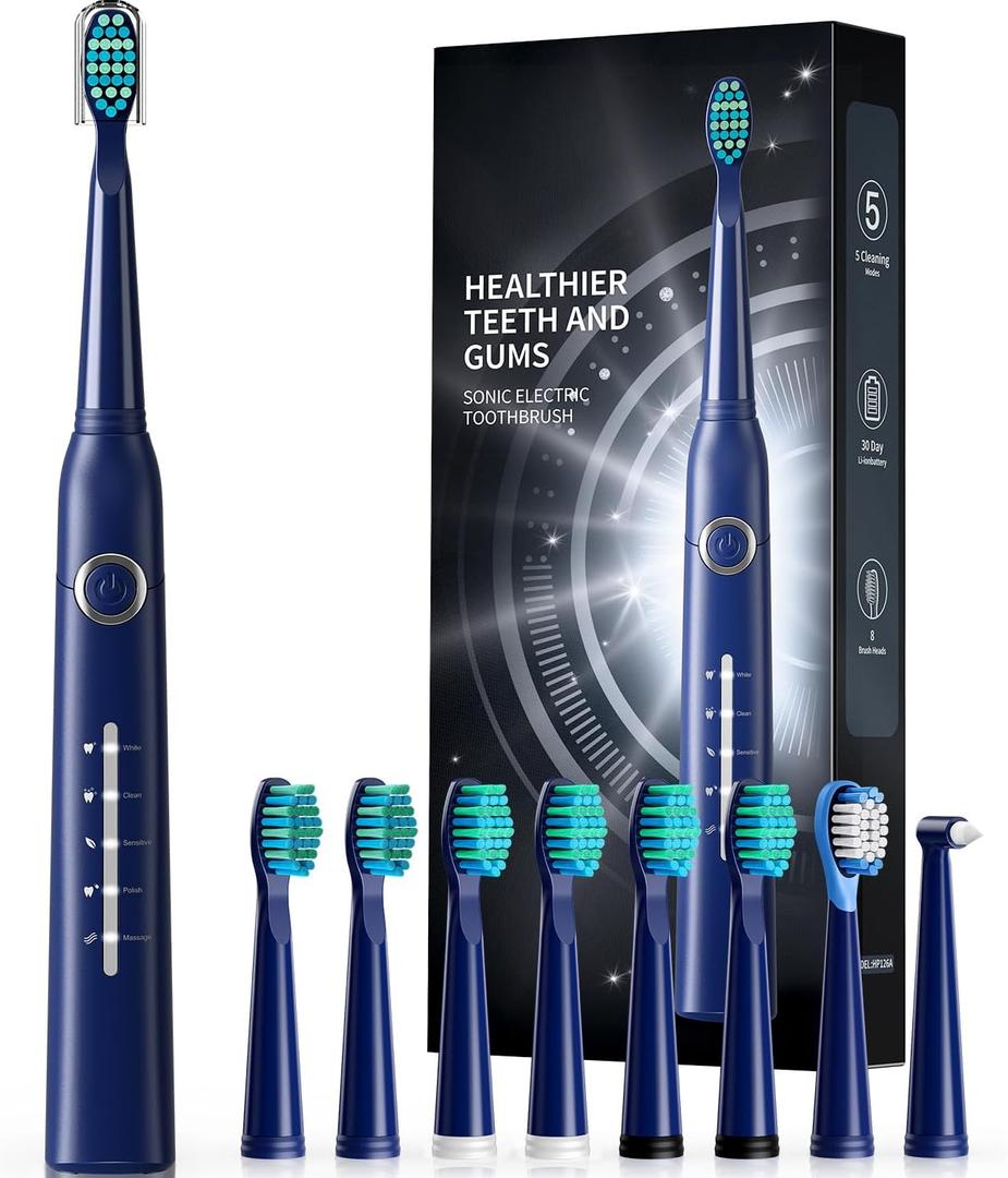 TEETHEORY Electric Toothbrush for Adults with 8  , Sonic Electric Toothbrush with 40000 VPM Deep Clean 5 Modes, Rechargeable Toothbrushes Fast Charge 4 Hours Last 30 Days (Dark Blue)