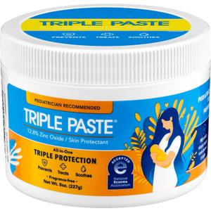 Triple Paste Diaper Rash Cream for Baby - 8 Oz Tub Zinc Oxide Ointment Treats, Soothes & Prevents Diaper Rash, Pediatrician-Recommended Hypoallergenic Formula, Baby Essentials for Daily & Overnight, EXP 2030/08