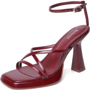 Reitoye Strappy Heels for Women Platform High Chunky Heels Square Open Toe Heeled Sandals Ankle Strap Block Heels (8, Burgundy)