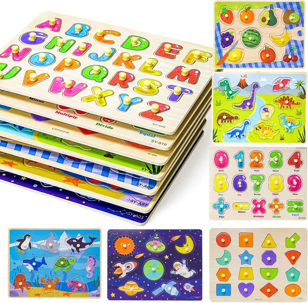 GRINNNIE Toddler Puzzle for 2 3 4 Years Old, 7PCS Montessori Kids Wooden Peg Puzzle Set (Dino Animal Shape Number Fruit..), Preschool Learning Puzzles Toy Gift for Boys Girls Birthday