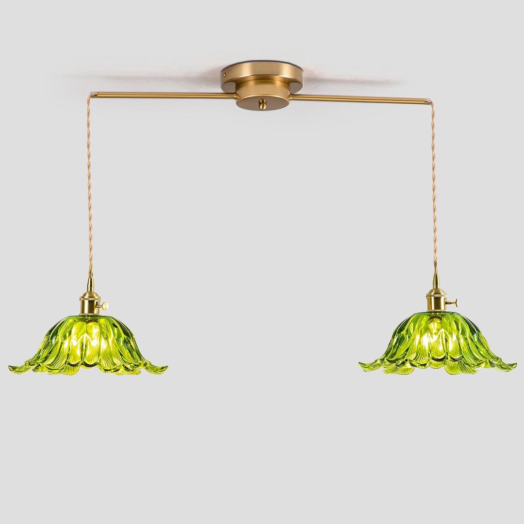 2-Lights Brass Vintage Pendant Light Fixtures, Modern Chandelier Pendant Light with Green Flower Glass Lmapshade, Adjustable Hanging Lights for Kitchen Island Dining Room Hallway, E26 (Green)