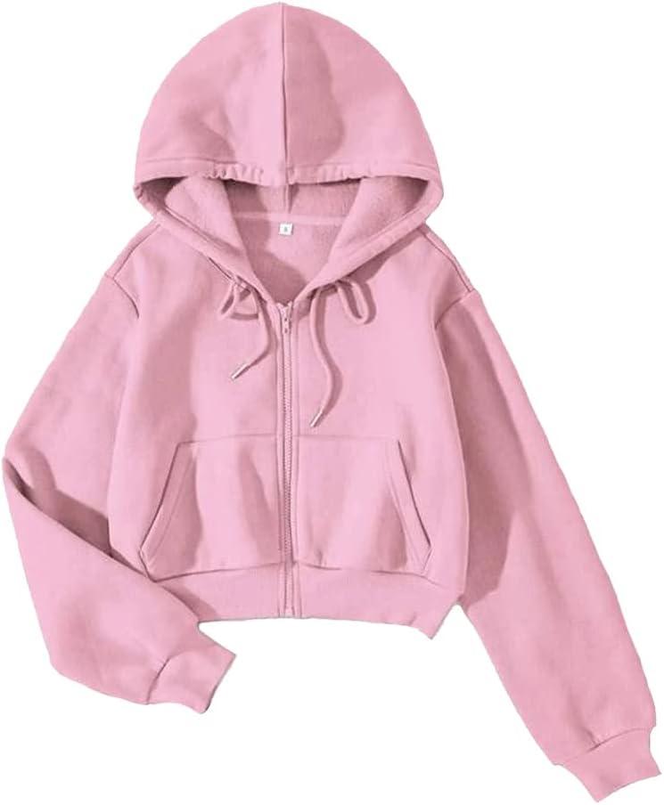 LOFAAC Women Fleece Full Zip Up Cropped Hoodie Sweatshirt 90s Long Sleeve Drawstring Hooded Crop Jacket Top with Pockets (Pink, S)