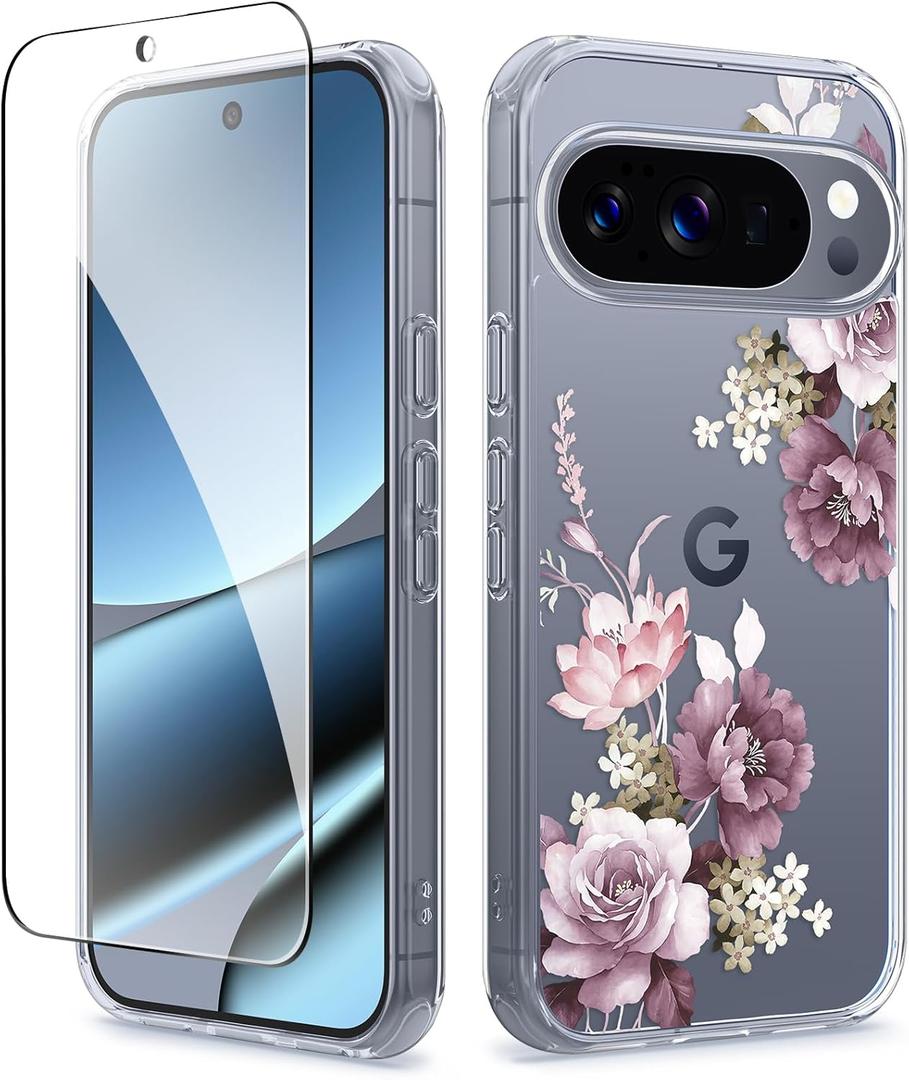 GVIEWIN for Google Pixel 10 Case/Pixel 10 Pro Case with Screen Protector, [Military Grade Drop Protection] Non Yellowing Clear Floral Slim Phone Cover for Women 2025 6.3" (Cherry Blossoms/Purple)
