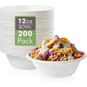 Vplus 200 Pack 12 OZ Paper Bowls, Disposable Compostable Bowls Bulk, Eco-friendly Bagasse Bowls, Heavy-duty Bowls Perfect for Milk Cereals, Snacks, Salads
