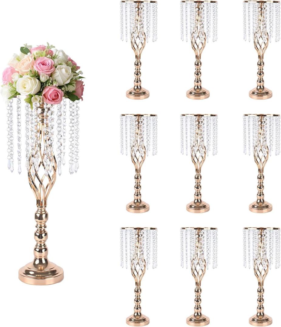 10 Pcs 21.6 Inch Crystal Flower Stand Gold Wedding Centerpieces Gold Flower Stand Vases Centerpiece Decorations for Wedding Party Reception Birthday Party Decor (L-21.6inch)