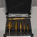 COMOWARE Step Drill Bit Set 5-Piece Titanium-Coated with Automatic Center Punch - Short Length, Double Cutting Blades, High-Speed Steel - Covering 50 Sizes, Complete with Aluminum Case