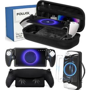 Foluck 3 in 1 Carrying Case for PlayStation Portal Remote Player, EVA Hard Case for PS5 Portal with Soft Silicone Protective Cover Skin Case, 2 Screen Protector, PS5 Portal Console Accessoris Bundle