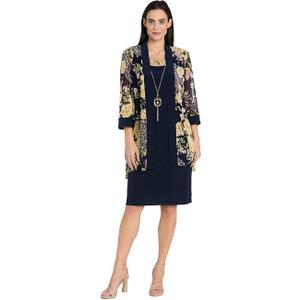 R&M Richards Women's Elegant Sheer Floral Jacket Dress W/Attached Necklace 16 Size