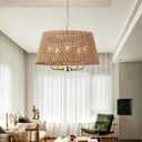 20" Large Rattan Chandeliers for Dining Room, 5-Light Farmhouse Wicker Boho Chandelier with T-Shape Shade Rattan Ceiling Pendant Light Fixture for Bedroom Hallway Kitchen Island(Gold)