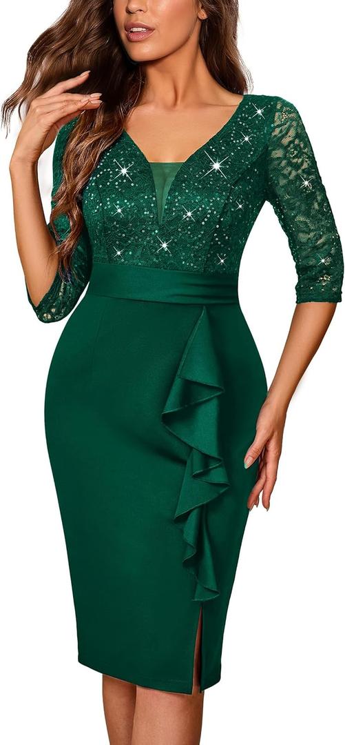 Miusol Women's Sexy V Neck Sequin Ruffle Style Cocktail Party Dress (Green, M)