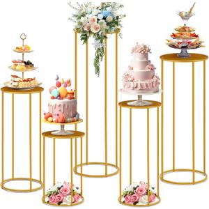 Hicarer 5 Pcs Cylinder Pedestal Stands for Party Gold Metal Tall Cylinder Stands Cake Tables Round Vases Display Columns for Weddings Party Birthday Backdrop Decorations, Acrylic Top Plate