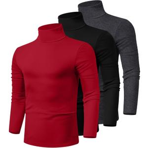 Ficerd 3 Pack Men's Turtleneck Shirts, Long Sleeve Cotton Pullover Sweaters Mock Neck Knitted T-Shirt Basic Slim Fit Tops (Large, Dark Gray, Black, Red)