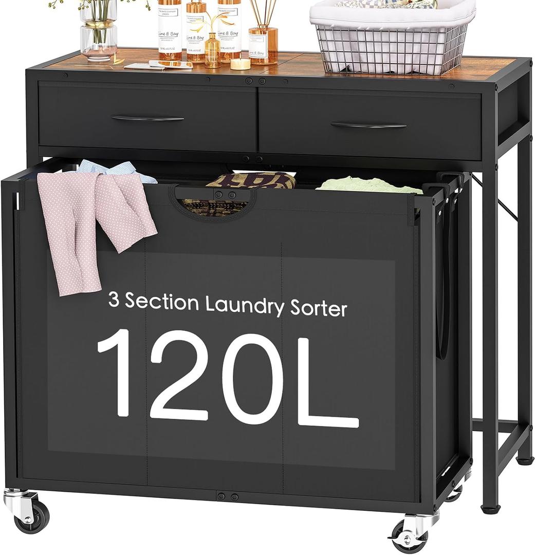 Laundry Sorter, Rolling Laundry Hamper with 3 Section Pull-Out Bags, Laundry Basket Organizer with 2 Drawers & 2-Tone Top Panel, Laundry Hamper with Wheels for Laundry Room Organization, Bathroom, 120 L with 3 Section