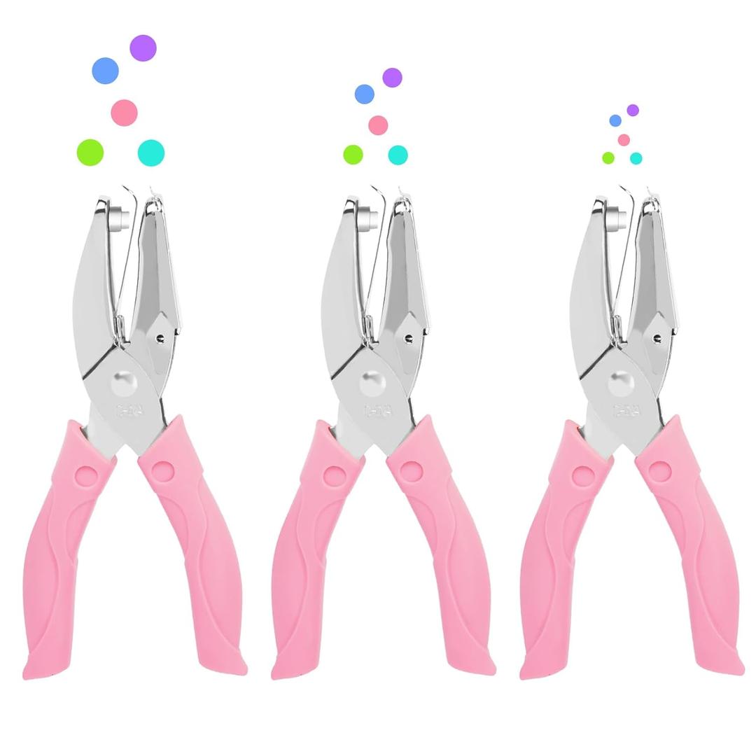 UCEC 3 Pack Metal Handheld Small Hole Punch, Paper Punches for Crafting, Mini Hole Punch Set of School Supplies with Soft-Handled for Circle Holes for DIY Craft Tags Scrapbook Tool (Pink)