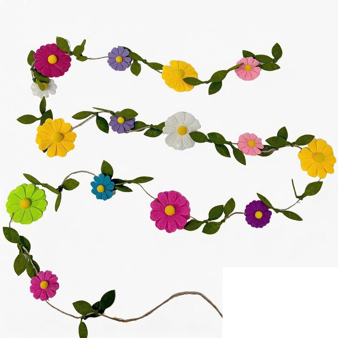Felt Colorful Daisy Banner 120in Spring Birthday Wedding Party Decorations, Colorful Flowers GreenLeaves Chain Garland, Flower Leaf Party PhotoProps, Bohemian Daisy Home Room Hanging Garland Decor