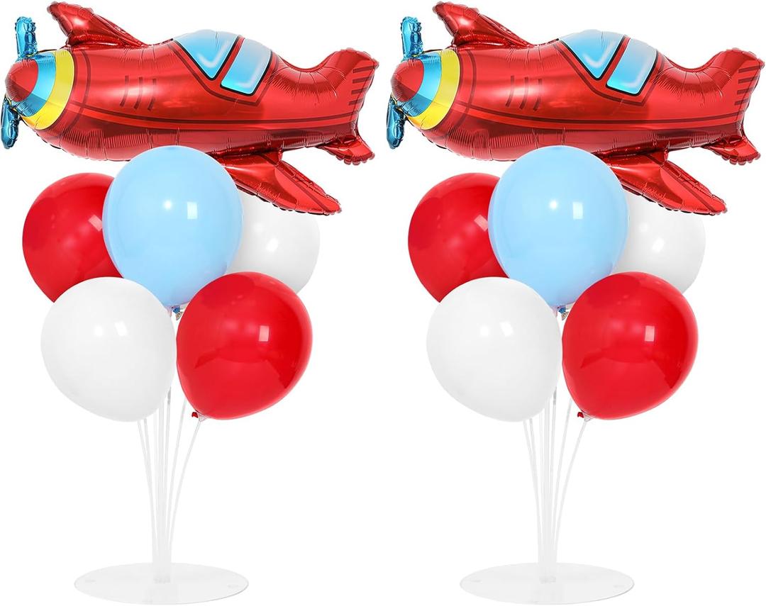 Airplane Birthday Party Balloons Stand Kit 2 Sets with 2 Plane Helicopter Foil Balloons Red Blue White Balloon Centerpiece for Tables for Adventure Time Flies Birthday Baby Shower Party Decoration, 10 inches