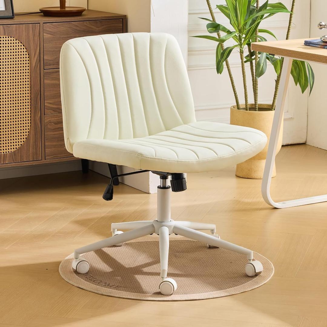 Karl home Criss Cross Chair Armless Desk Chair with Wheels Cross Legged Office Swivel Chair Wide Adjustable Comfy Padded Vanity Chair with Dual Purpose Base, PU Beige