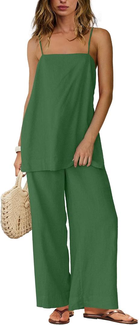 Yanekop Linen Sets for Women 2 Piece Pants Summer Outfits Matching Lounge Sets Spaghetti Strap Tank Top Pants Sets (X-Small, Grass Green)