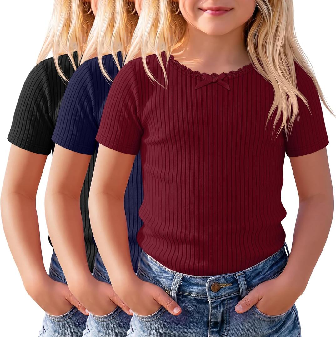 3 Pack Girls Short Sleeve Shirts Ribbed Knit Crew Neck Lace Trim Tops Slim Fit Casual Summer T-Shirts Tees for Kids