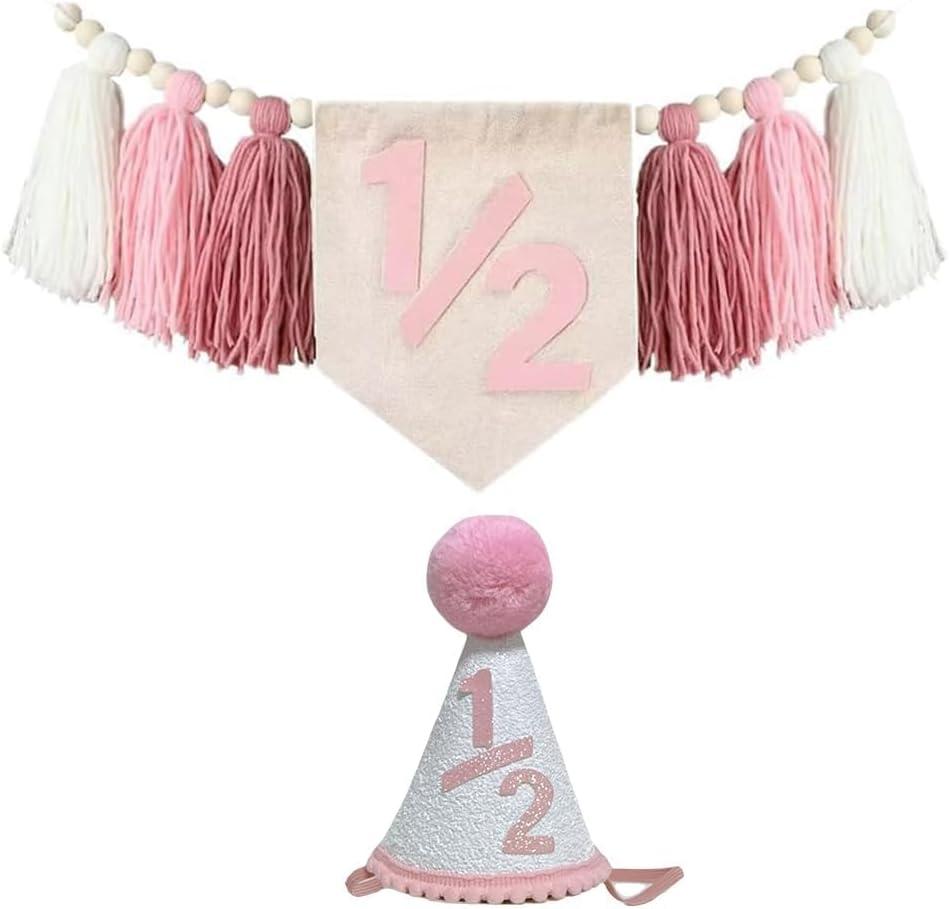 Pink Half Birthday High Chair Banner with Cone Hat Pink White 1/2 Birthday Girl Baby Shower Wall Hangings Decorations