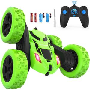 Hamdol RC Stunt Car for Kids Ages 612, Double-Sided Remote Control Car with LED Lights, 4WD Electric Toy Vehicle, USB Rechargeable, Perfect Birthday, Holiday for Boys & Girls (Green)