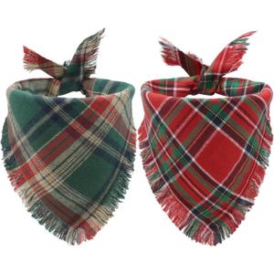 2PCS Christmas Dog Bandanas Plaid Two-Sided with Tassels,Holiday Scarf,Stylish Triangle Dog Outfit for Boy and Girl,Winter Christmas Classic Red-Green Plaid Pet Scarf for Medium to Large Dogs