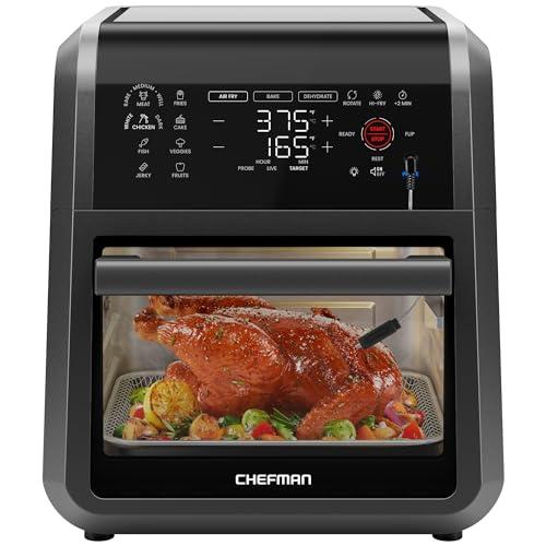 CHEFMAN ExacTemp™ 12 Quart 5-in-1 Air Fryer with Integrated Smart Cooking Thermometer, 28 Touchscreen Presets, Rotisserie, Dehydrator, Bake, XL Convection Oven with Auto Shutoff, Black