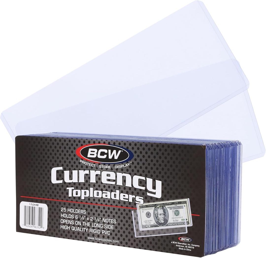 BCW Currency Topload Holder - Pack of 25 | Clear Rigid PVC Protective Sleeve for Standard US Dollar Bills | Archival Safe, Scratch-Resistant Display Toploader for Paper Currency Collectors