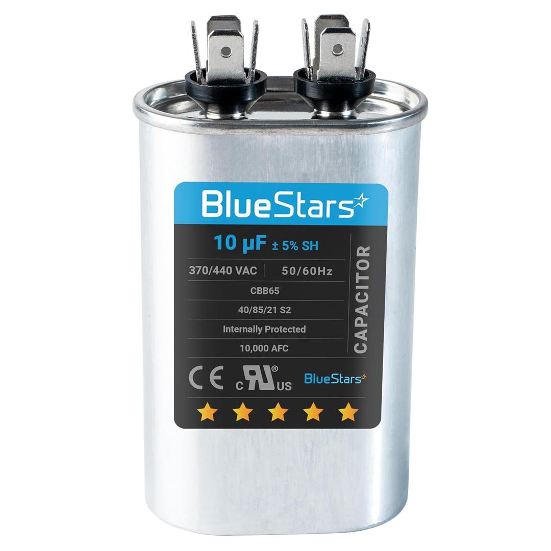 [UL Listed] BlueStars 10 uF 5% MFD 370/440V CBB65 CBB65A Oval Run Start Capacitor Replacement Part - Air Conditioner Capacitors For AC Unit Fan Motor Start or Pool Pump or Air Condenser Straight Cool