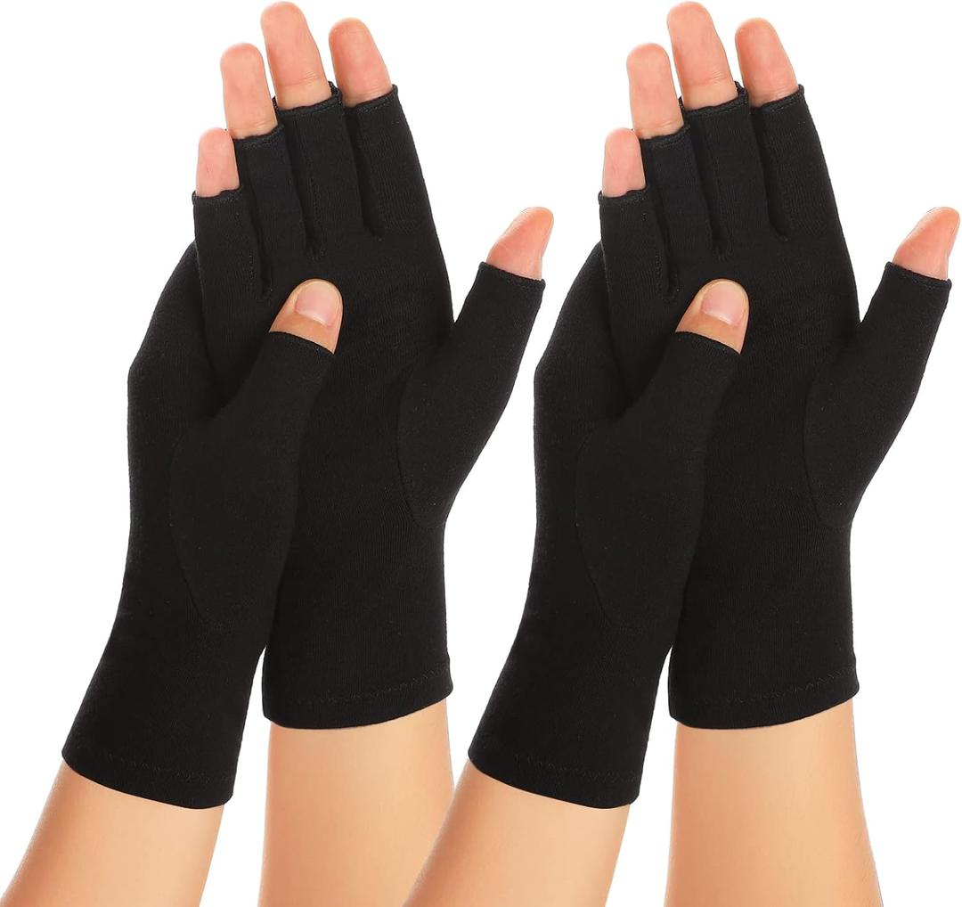 2 Pairs Arthritis Compression Gloves for Women Men, Carpal Tunnel Pain Relief, Fingerless for Typing Both Hands (Medium, Black1+black1)