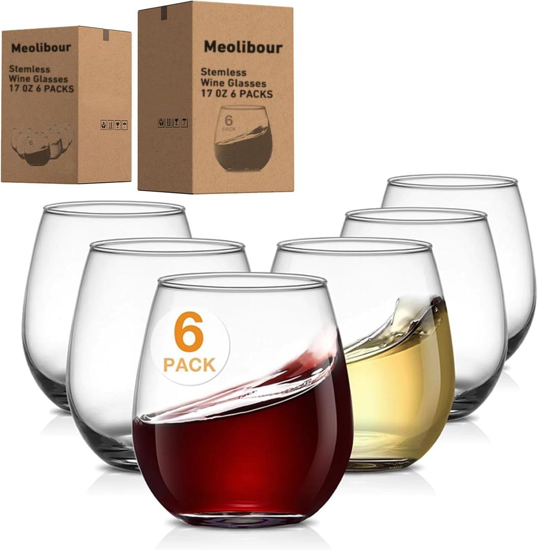 Large Stemless Glasses Set of 6, 17 Ounces Red & White Glasses Tumbler for Party, Clear Drink Glasses, Ideal Accessories Gift, Lead-free, Dishwasher Safe