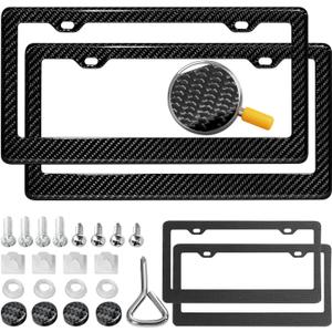 Real Carbon Fiber License Plate Frame, 100% Pure Carbon Fiber Frame, Black License Plate Holder Cover with Screw Caps, Anti-Vibration Pads,2 Pack (Twill 2 Hole)