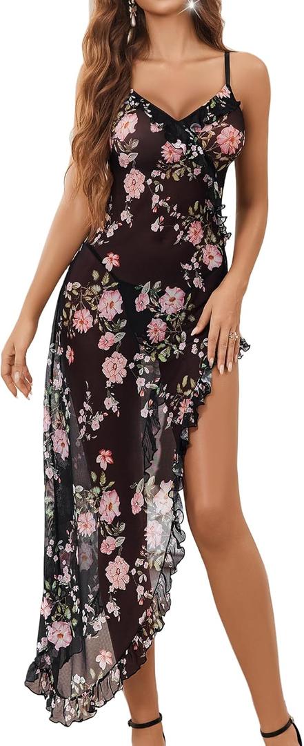 Avidlove Lingerie for Women Mesh Babydoll Chemise Sexy V Neck Nightdress Ruffle Hem Nightwear Side Split Nightgown (Large, Black Floral)