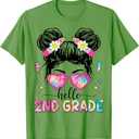 Hello 2nd Grade Messy Bun Girl Back to School First Day T-Shirt, S, Grass Green