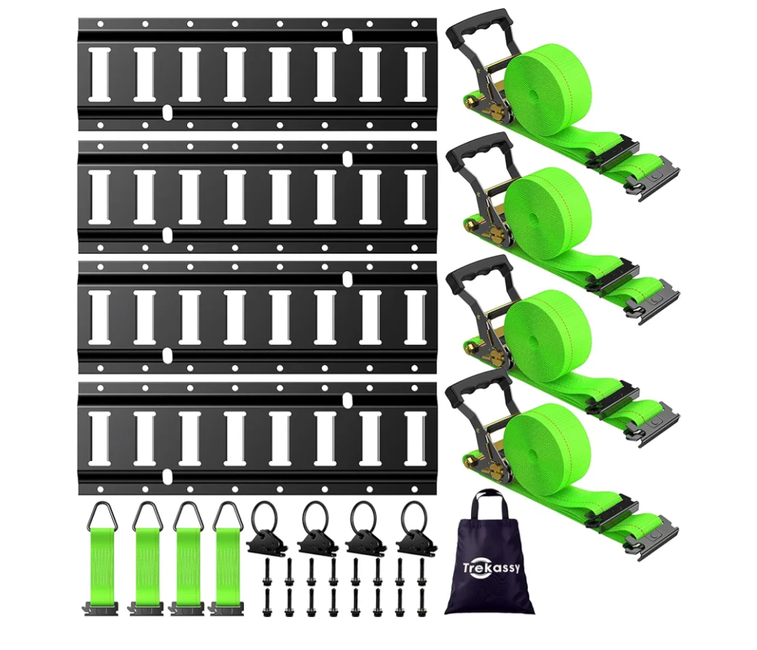 Trekassy E Track Tie-Down Rail Kit, 4 Pack 16" Etrack Rails with 12PCS E-Track Accessories Includes 4 Pack 12ft Ratchet Straps, 4 O-Rings and 4 Tie-Offs for Trailers, Vans, Trucks, Garages