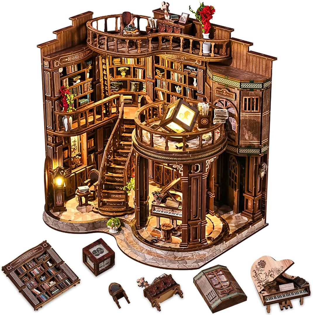 DIY Miniature House Kit, Book Nook kit Dreamy Book Hall 3D Wooden Puzzle with LED Lights, House Building Kit for Home Decoration and Creative Gift for Women Men Friends (Dreamy Book Hall)
