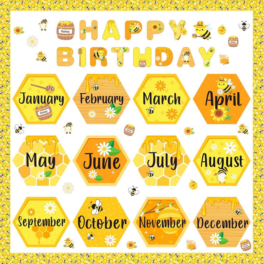 Kosiz 63 Pcs Bee Themed Birthday Bulletin Board Sets Paper Cutouts with Glue Point Birthday Classroom Bulletin Board Display Bee Theme Birthday Chart Wall Decor for School