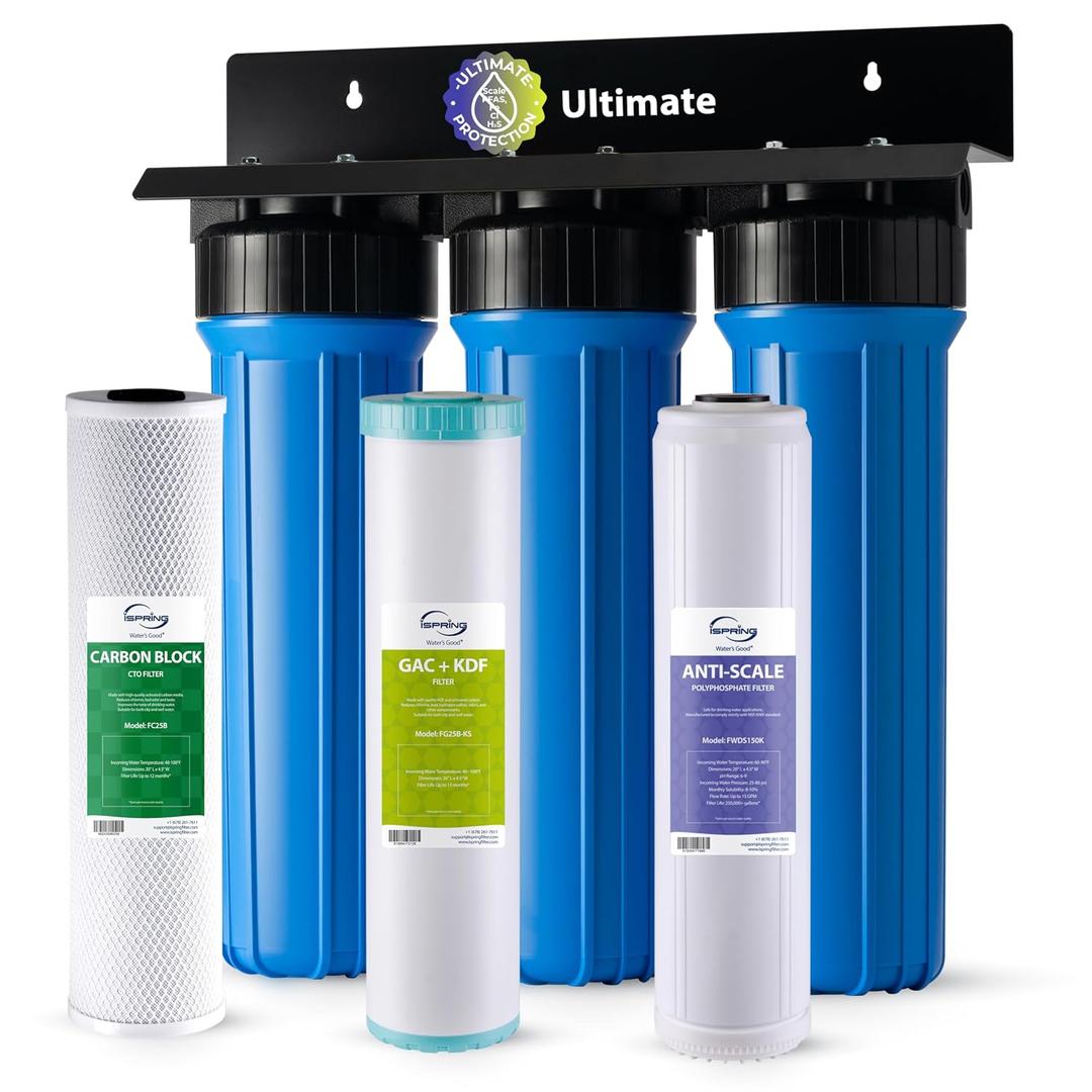 iSpring Whole House Water Filter System, Reduces Lead, Scale, Chlorine, Chloramine, 3-Stage Whole House Water Filtration System, Model: WGB32B-KDS