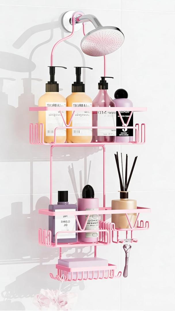 DAOYA Hanging Shower Caddy Over Shower Head, Anti-Swing Shower Organizer For Inside Shower With 2 Soap Holders, Multi Hooks, Rustproof Bathroom Accessories, Pink (XL)