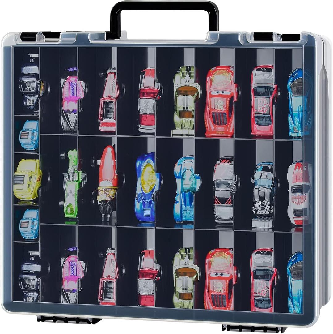 FULLCASE Toys Organizer Storage Compatible with Hot Wheels Car, Container for Matchbox Cars, Mini Toy, Small Dolls, Double Sided Carrying Box for Hotwheels - 48 Compartments (Case Only) Black