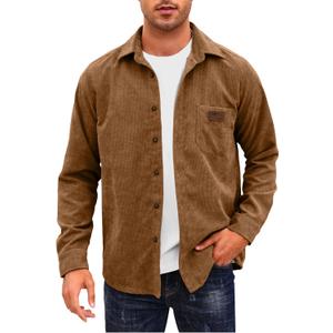 Comdecevis Mens Corduroy Shirts Jacket Button Down Long Sleeve Work Shirts Shackets with Pocket (Brown, M)
