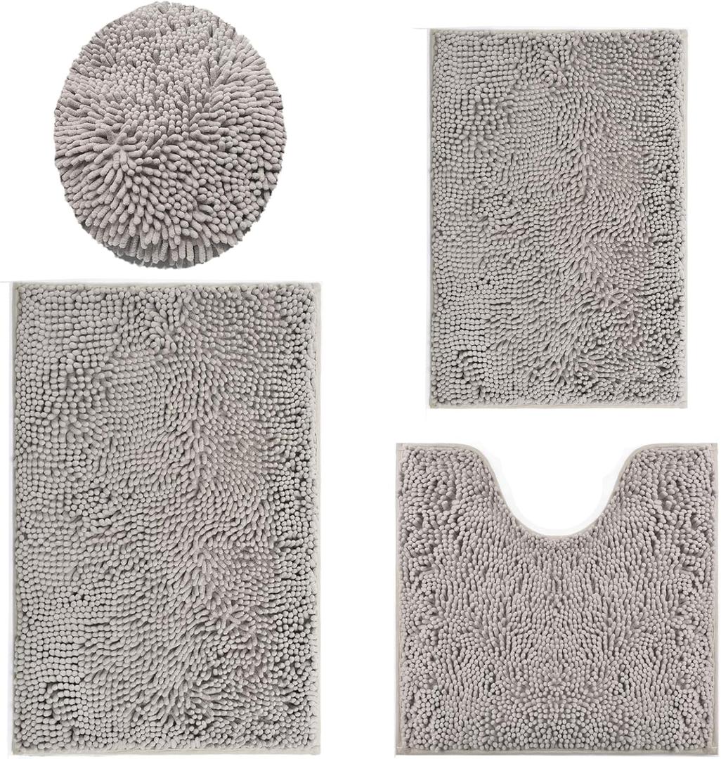 Plush Bath Rugs Set 4 Pieces - Soft, Durable Thick Chenille Bath Mats, Non-Slip for Bathroom Floor, Tub, and Shower - Light Grey