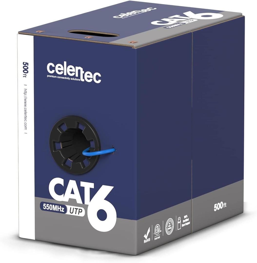 celertec CAT6 Ethernet Cable, 500ft, 23AWG Solid Bare Copper, Unshielded Twisted Pairs(UTP), 550MHz, ETL Listed &CMR Riser Rated, Indoor, Bulk Ethernet Cable -Blue