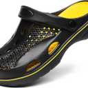 SOSOWHLTE Men's and Women's Arch Support Clogs Garden Shoes Slip-on Outdoor Beach Slippers with Removable Cushion Insole (14-15 Wide Women/12-13 Wide Men, Black and Gold)