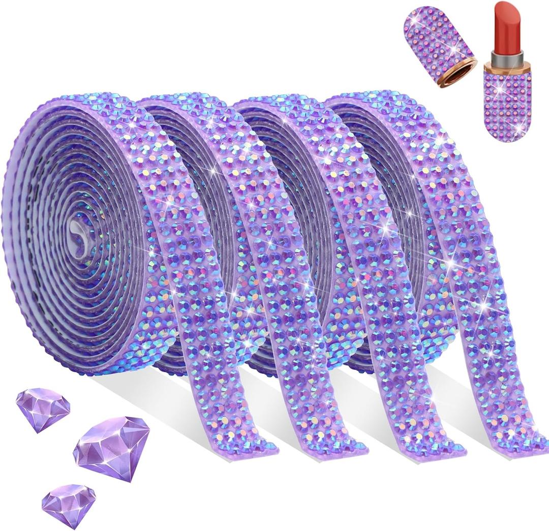 FULZTEY 4 Rolls Rhinestone Ribbon,Deep Purple AB Crystal Ribbon Self Adhesive with 2 mm Jelly Gems for DIY Crafts,Bling Diamond Strips for Car Clothes Wedding Decoration