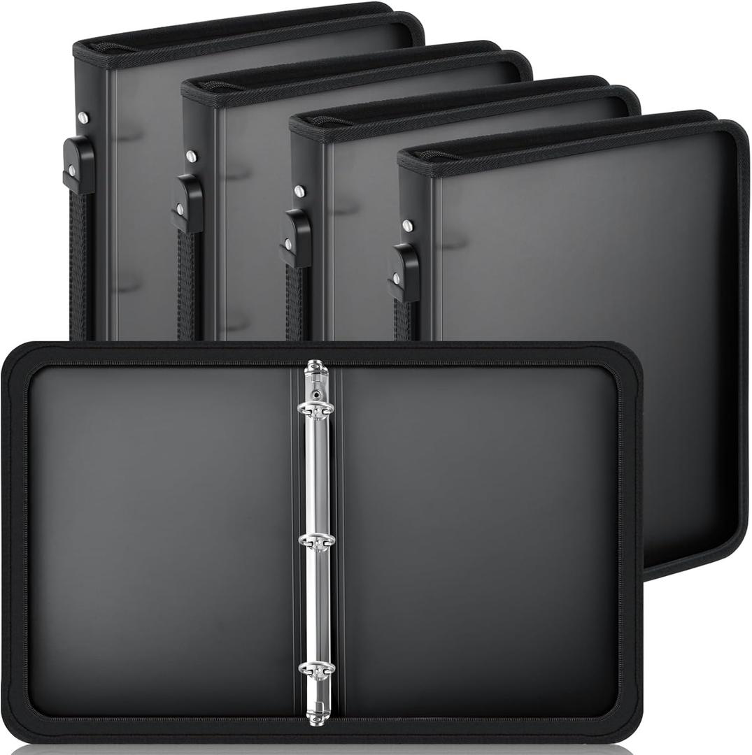 Teling 4 Pcs 2 Inch Black Zipper Binder with 3 Ring Zipper Binder, Refillable Plastic Clear File Organizer Planner for Projects, Assignments, Memos, School Work, 13.2 x 11 Inch
