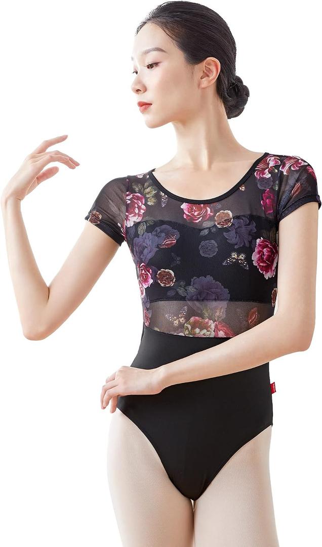 Daydance Black Women Leotards for Ballet, Flower Print Open Back Dance Wear
