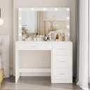 Irontar Makeup Vanity Table, Makeup Table with Large Mirror and 11 LED Lights, Brightness Adjustable, Dressing Table Desk with 4 Drawers, Bedroom Vanity Desk for Women, White