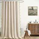 Linen Shower Curtain Flax Cream Cute Green Scalloped Boho Modern Shower Curtains for Bathroom Set, 72" W x 72" L