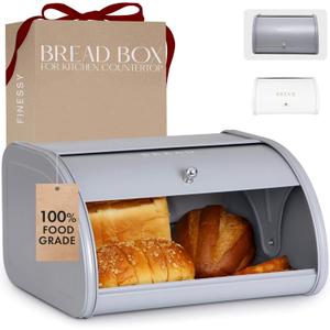 FINESSY Modern Metal Bread Box for Kitchen Countertop, Farmhouse Homemade Loaf Bread Storage Bin Holder for Kitchen Counters Organizer, Airtight Roll Top Sourdough Corner Breadbox Container Keeper (Nordic Grey)